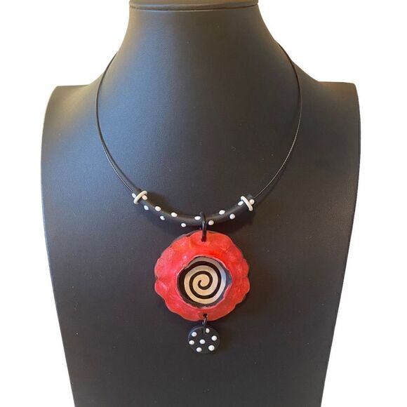 Artisan Made Jewelry - Stylish, Lightweight, Red, Black & White Circular Pendant Necklace on Black Wire